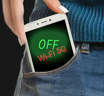 A woman is holding a smartphone, half popping out of her pocket. On the screen is written: Wi-Fi 5G Off.