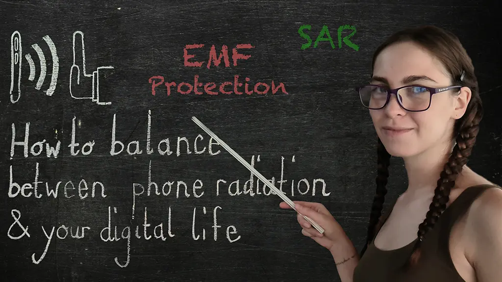 A woman with glasses, looks like a teacher. She points with a stick to a blackboard. On the blackboard is written: EMF Protection, SAR and How to ballance between phone radiation and your digital life.