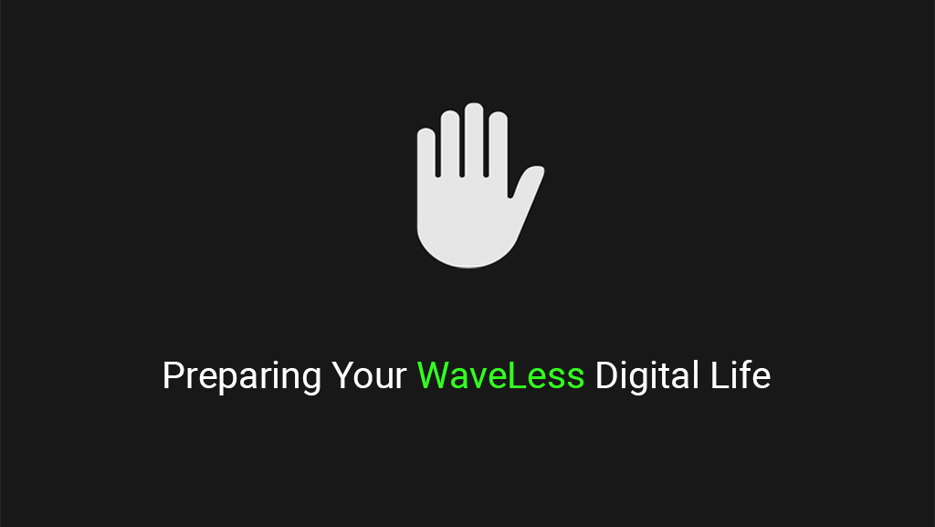 WaveLess App logo animation. Palm stands with wifi symbol animated in the middle - Implying stop radiation. Below text: Prepering your WaveLess Digital Life.