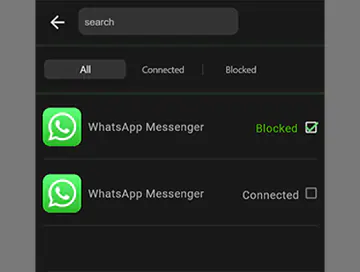 Screenshot of Pockt block list in WaveLess App. On the image list of apps and little boxes next to the names, to tap on and make the apps connected or blocked from the internet. 